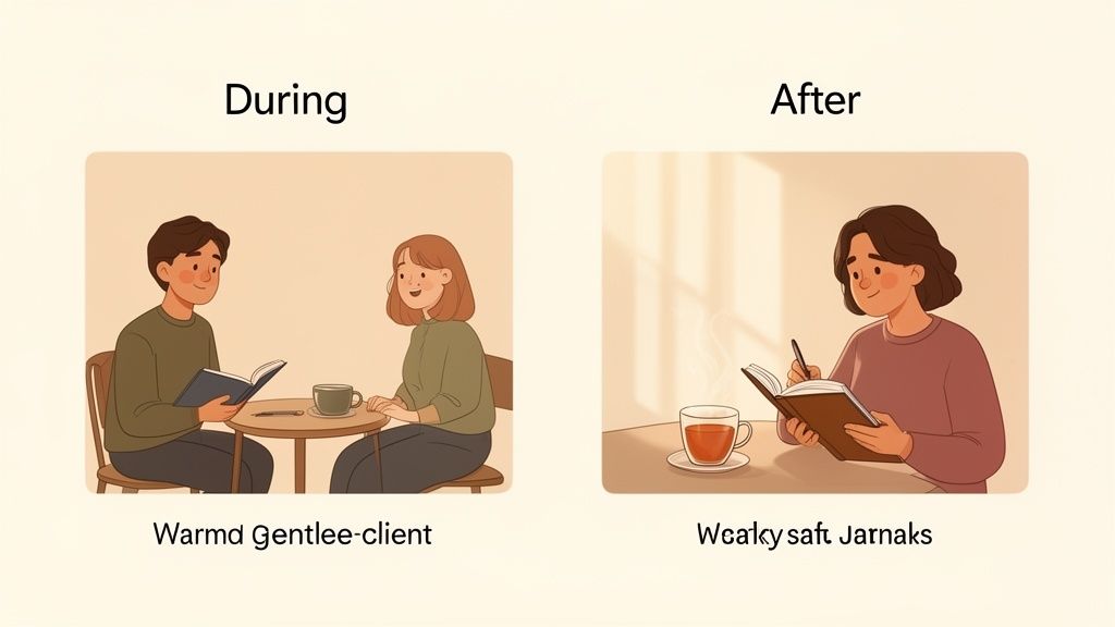 Two illustrations show a woman's journey from shared reading with a man to solitary journaling and self-reflection.
