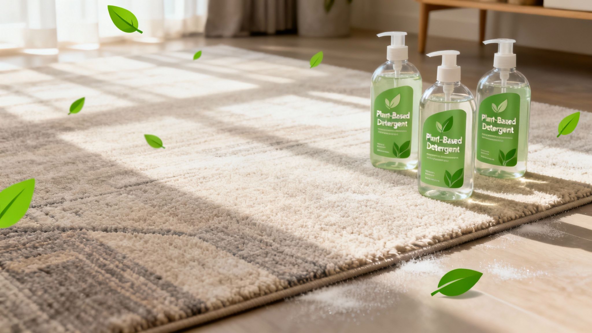 A technician using a plant-based cleaning solution on a rug, with green leaves superimposed to represent eco-friendliness.