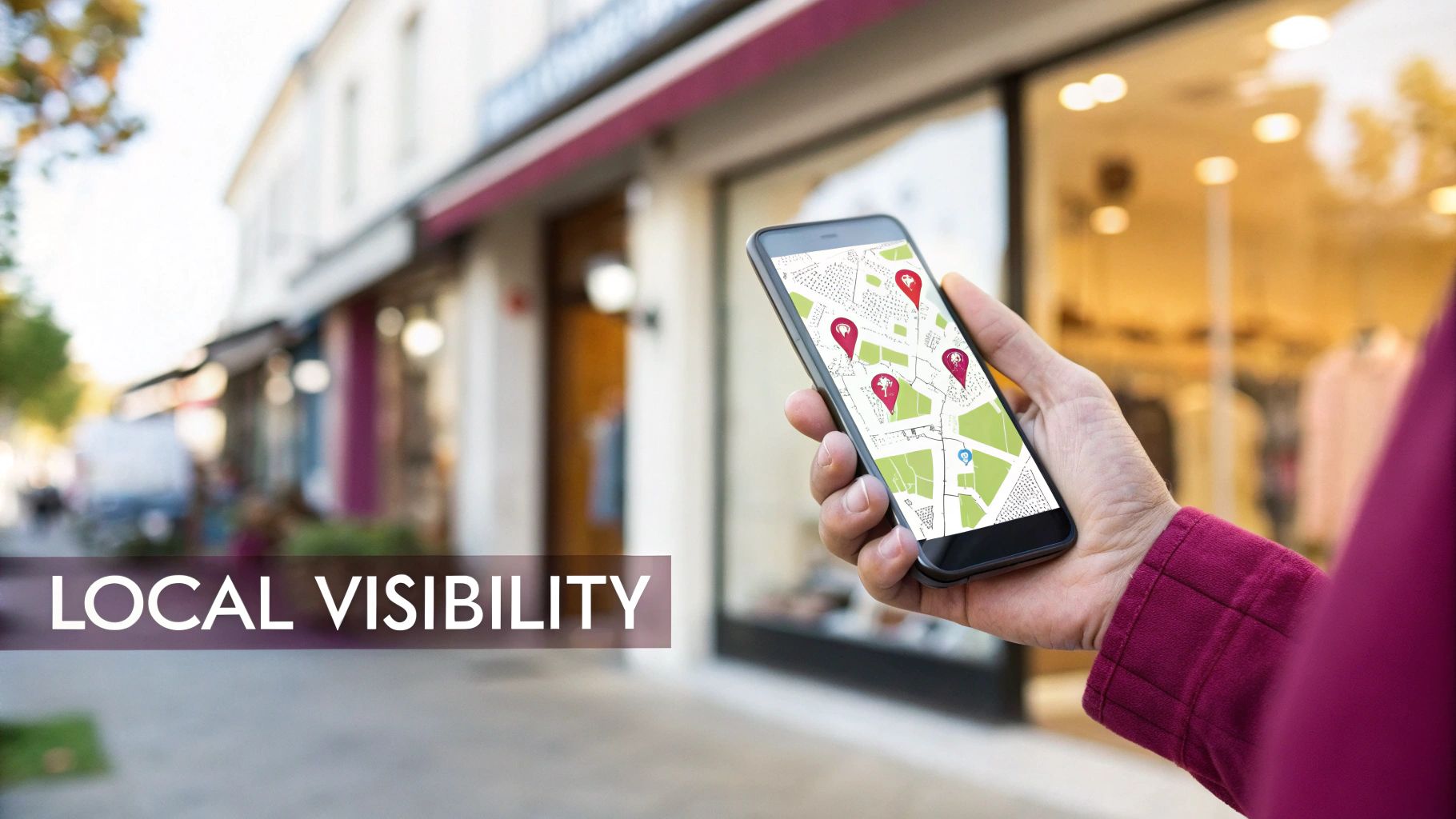 Hand holding a smartphone displaying a map with multiple location pins, highlighting local visibility.