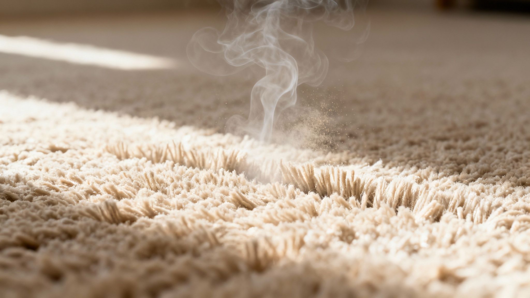 A professional steam cleaner being used on a light-coloured residential carpet, showing a distinct clean line.