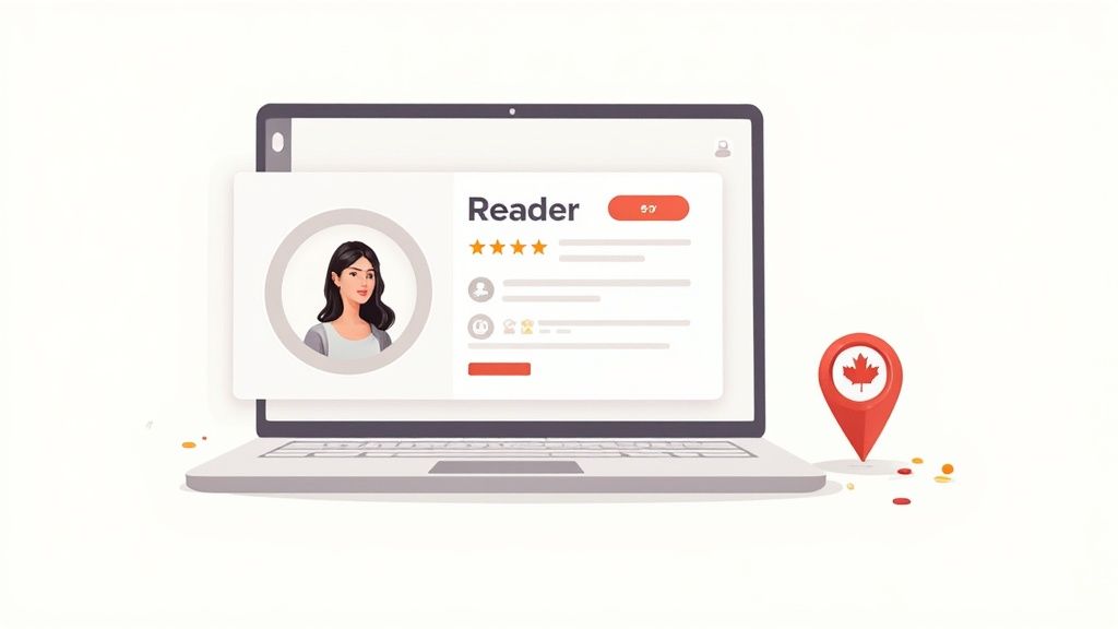 A hand holds a crystal ball over a deck of tarot cards, symbolizing online psychic readings.