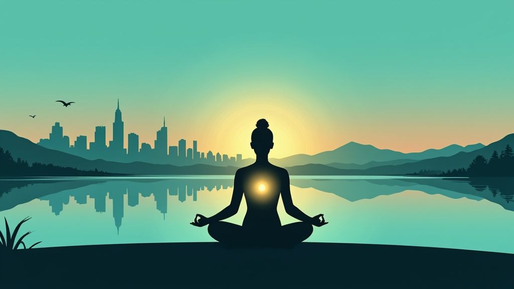 Silhouette of a person meditating at sunrise with a cityscape and mountains reflected in water.
