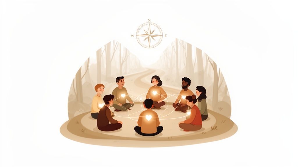 Diverse people sit in a circle meditating outdoors, connected by glowing hearts and light in nature.