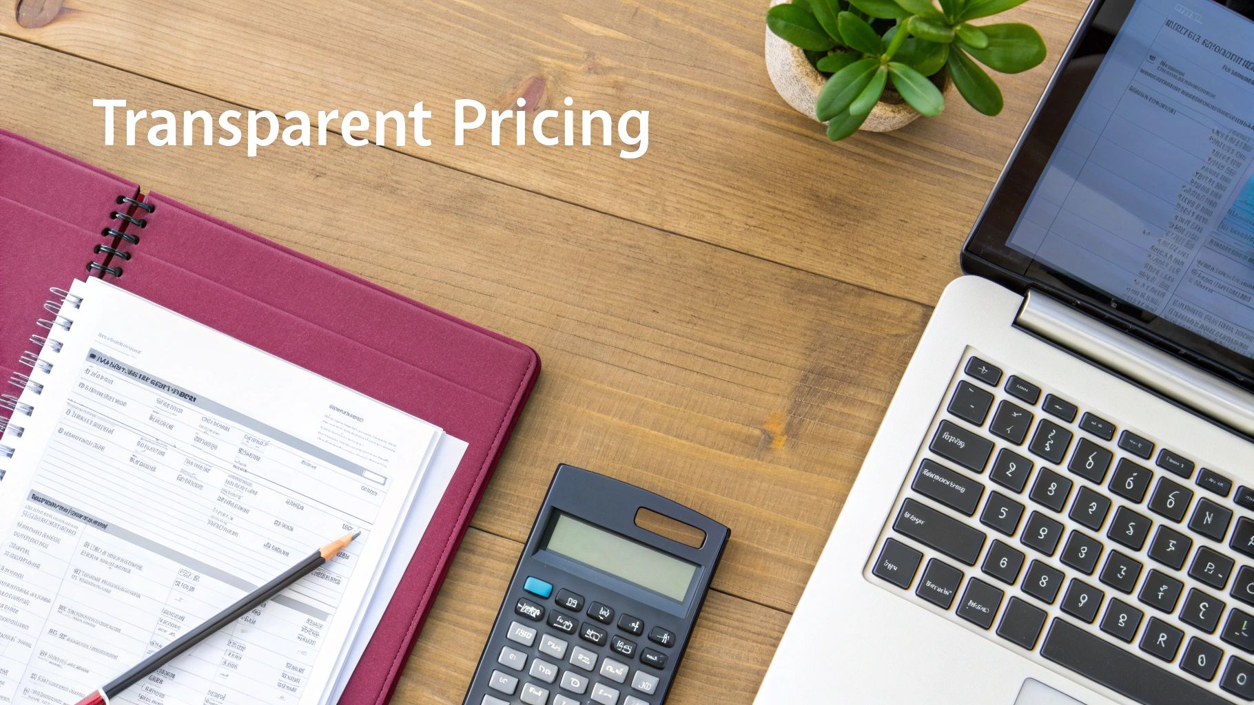 Overhead view of a workspace with a notebook, calculator, laptop, and text 'Transparent Pricing'.