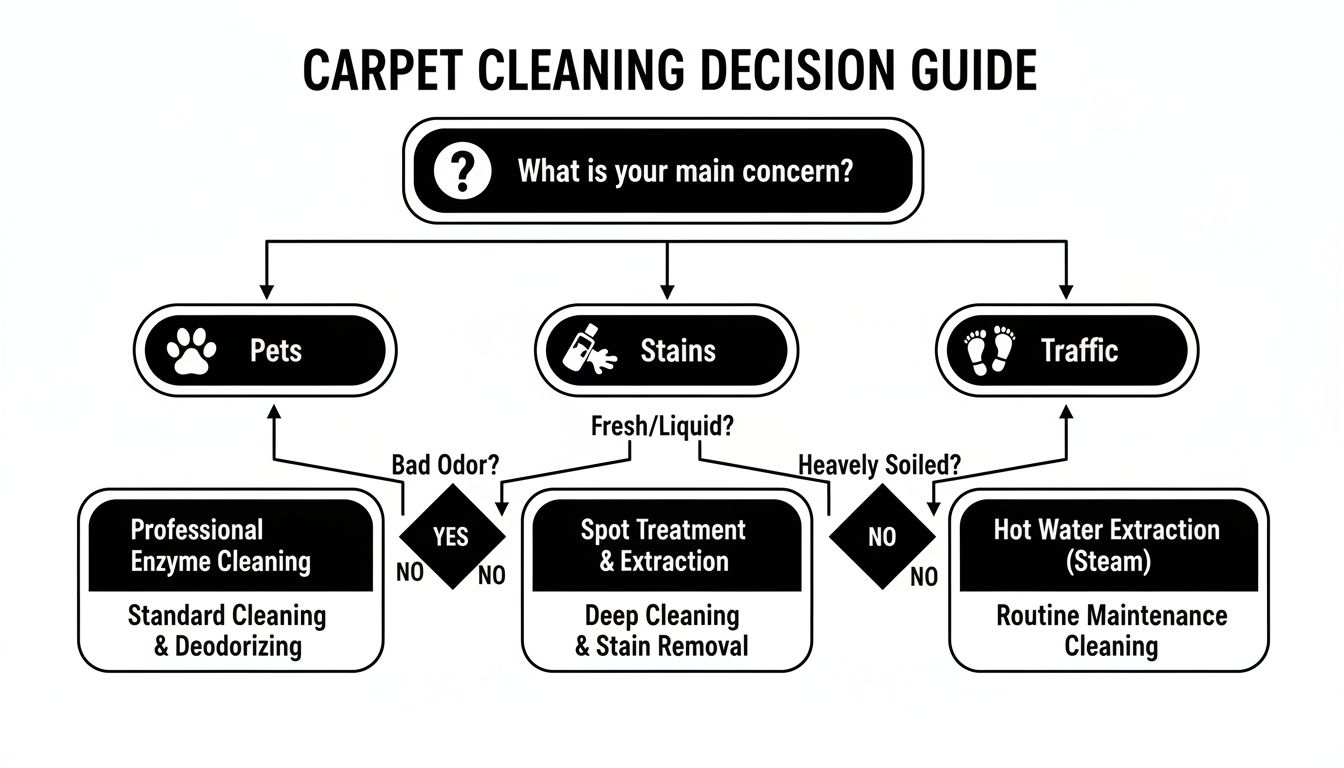 Flowchart guiding carpet cleaning decisions based on concerns like pets, stains, or high traffic areas.