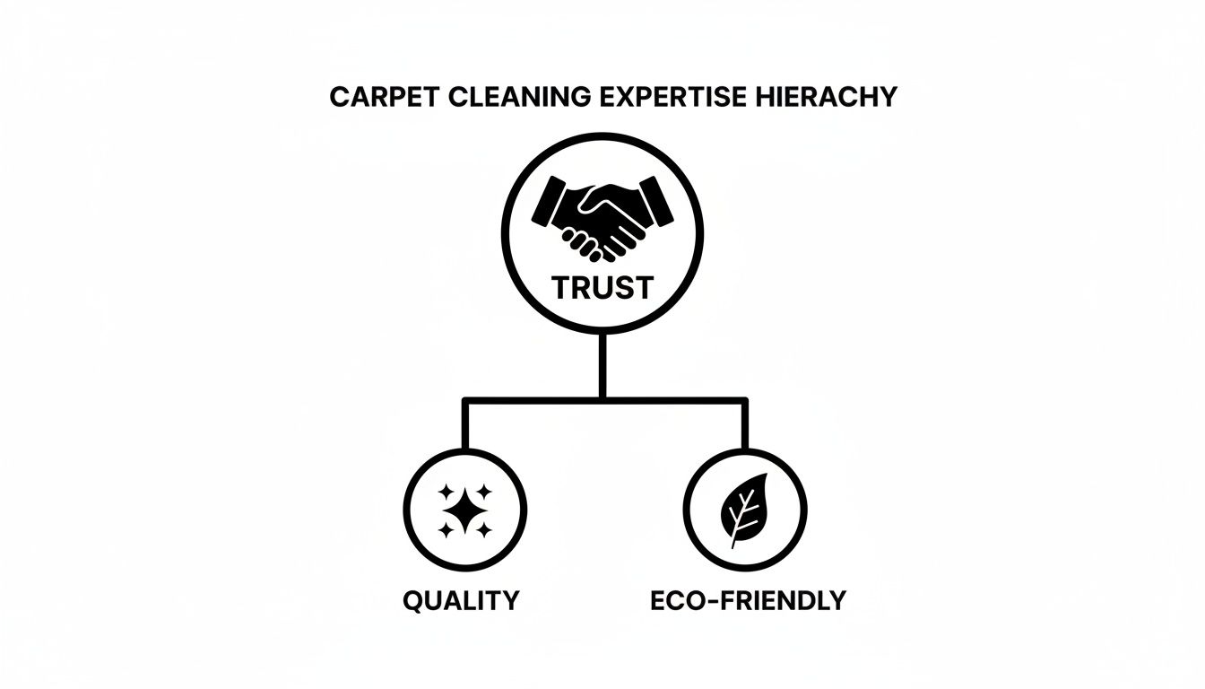 A diagram illustrating carpet cleaning expertise, showing trust as the top priority, supported by quality and eco-friendliness.