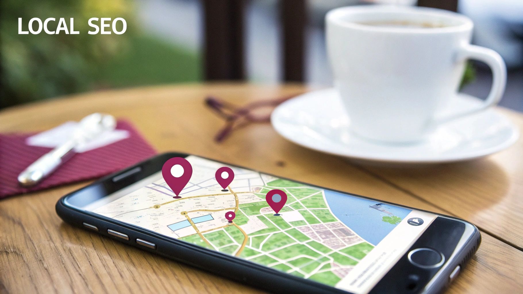A smartphone displays a map with multiple location pins, illustrating local SEO strategies for businesses.