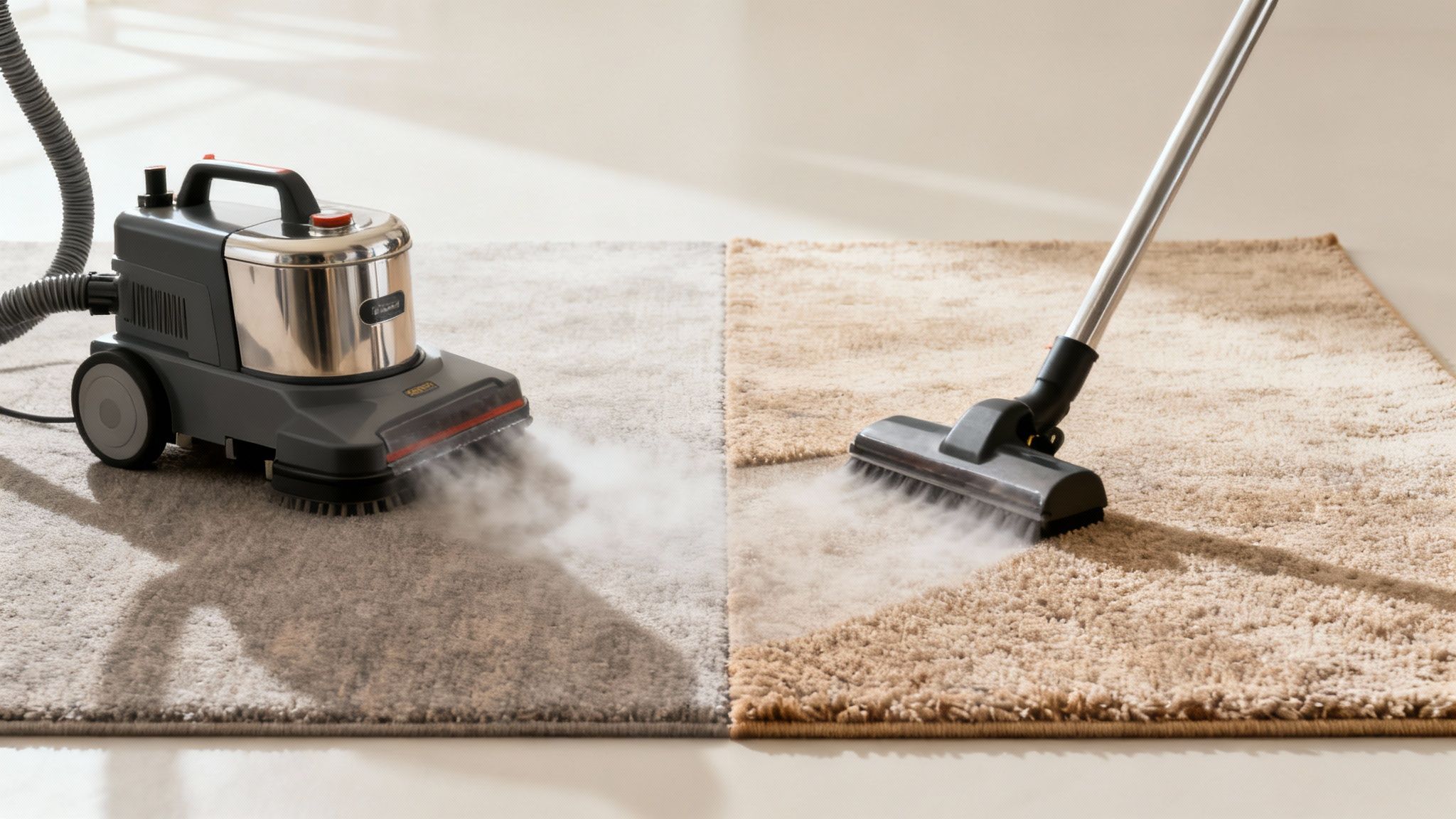A professional cleaner using a steam cleaning machine on a light-coloured carpet in a living room.