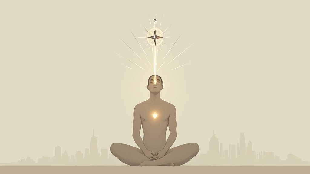 A person meditating in lotus position with light energy emanating from head and heart, city skyline.