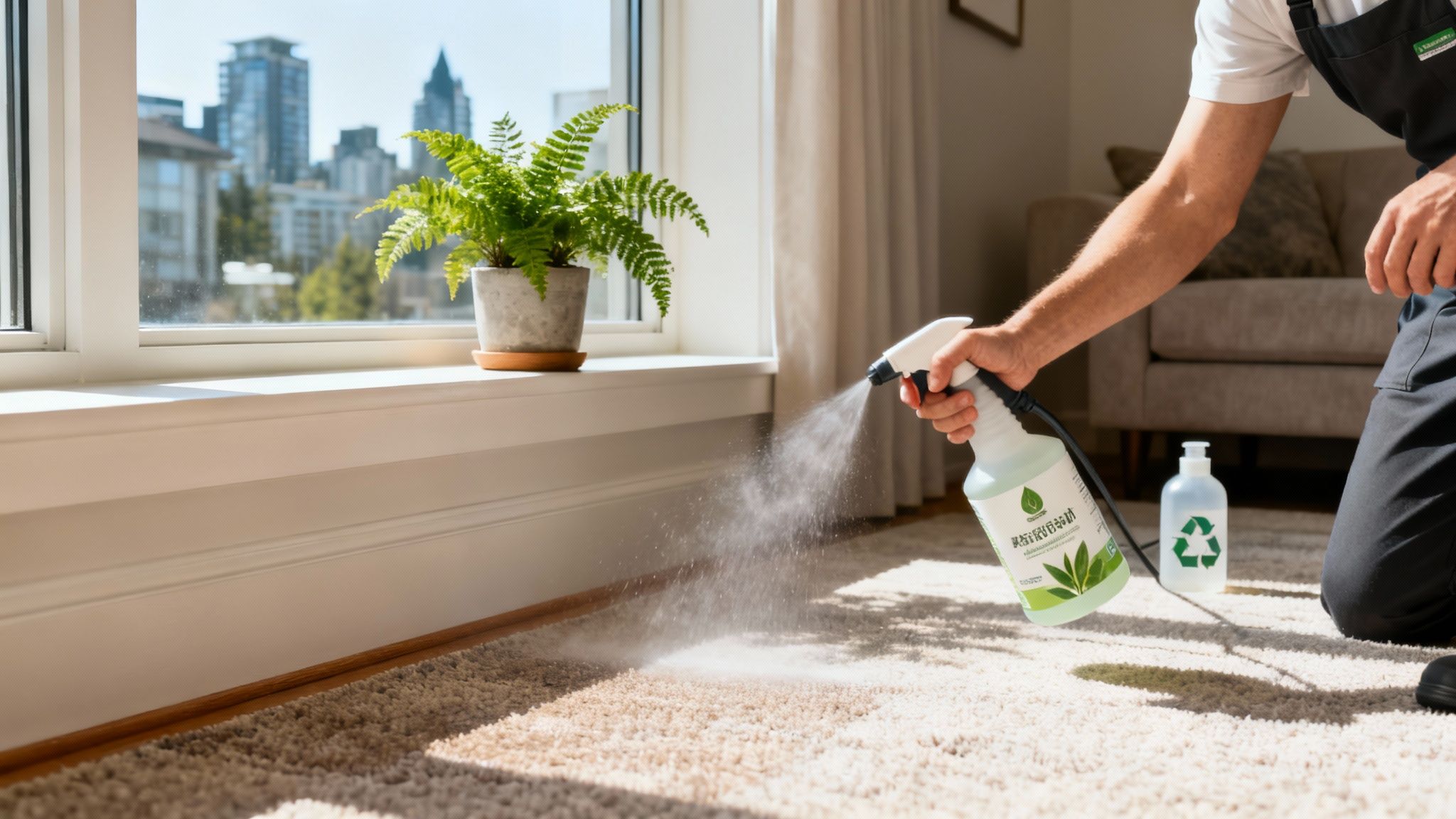 Professional cleaner spraying eco-friendly solution on carpet near window with city view