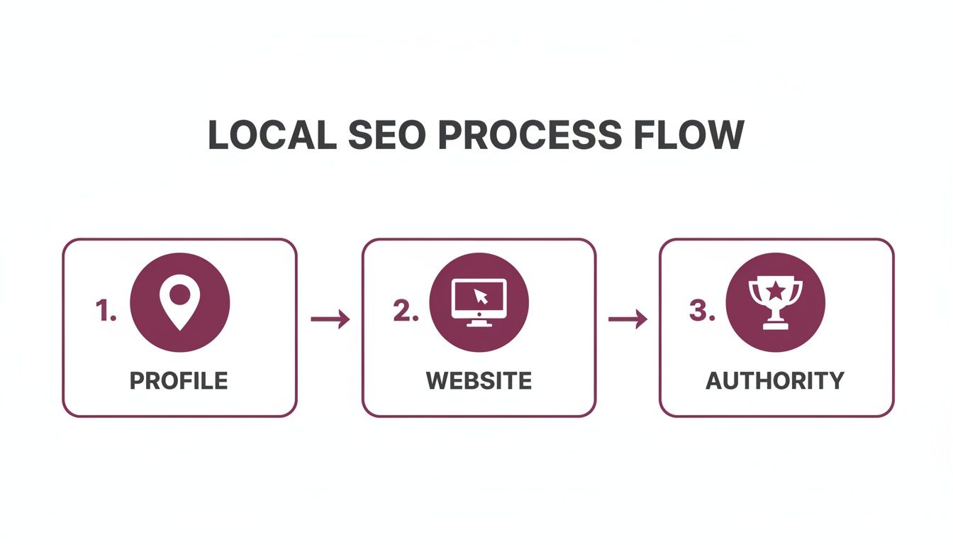 A local SEO process flow diagram illustrating three key steps: profile, website, and authority.