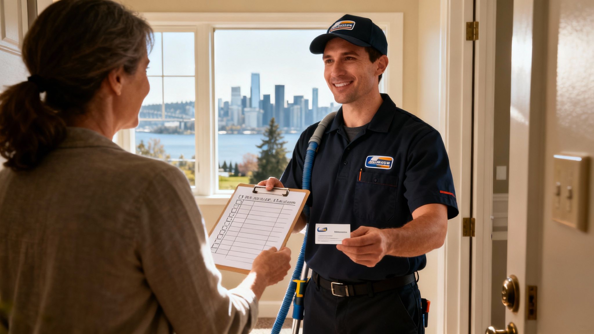 A professional service technician shows a clipboard and business card to a woman at her home.