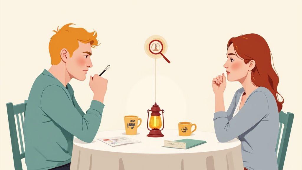 A man and a woman seated at a table, engaged in a focused discussion, with a lantern and search icon.