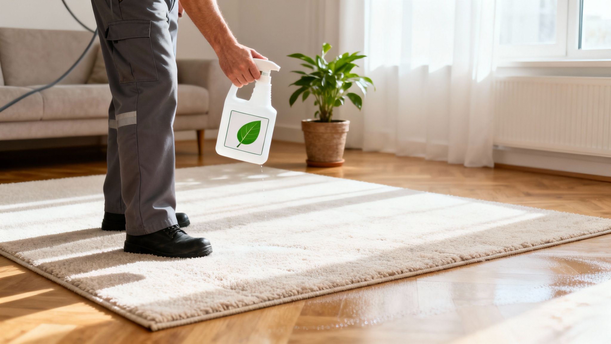 A person is using an eco-friendly spray to clean a light-colored carpet in a bright room.
