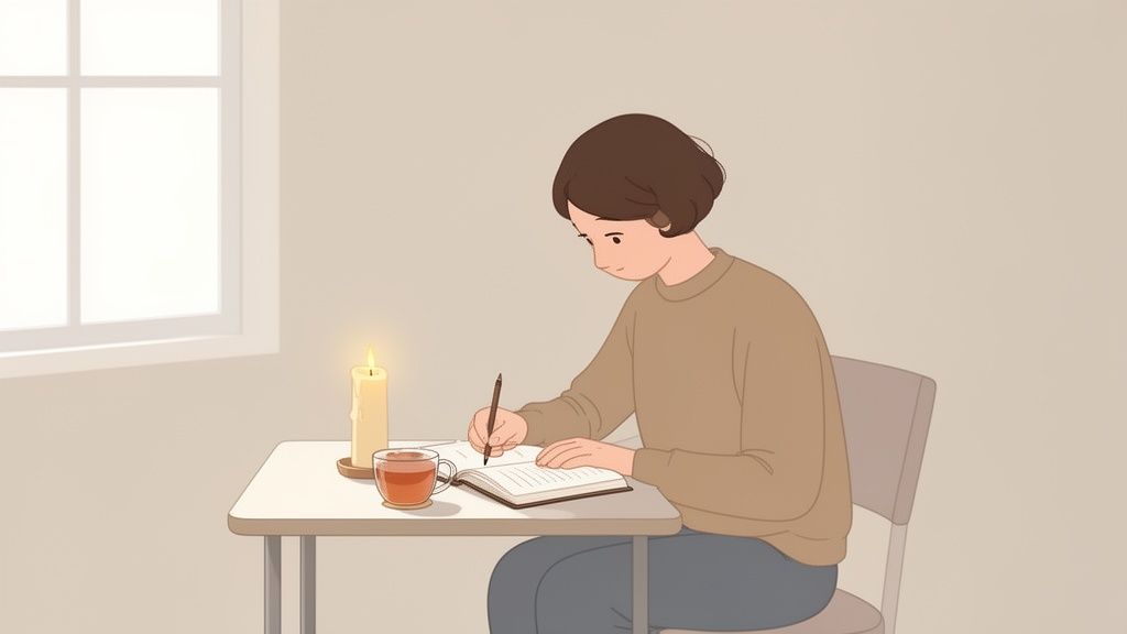 An animated person with short brown hair writes in a notebook at a table with a lit candle and tea.