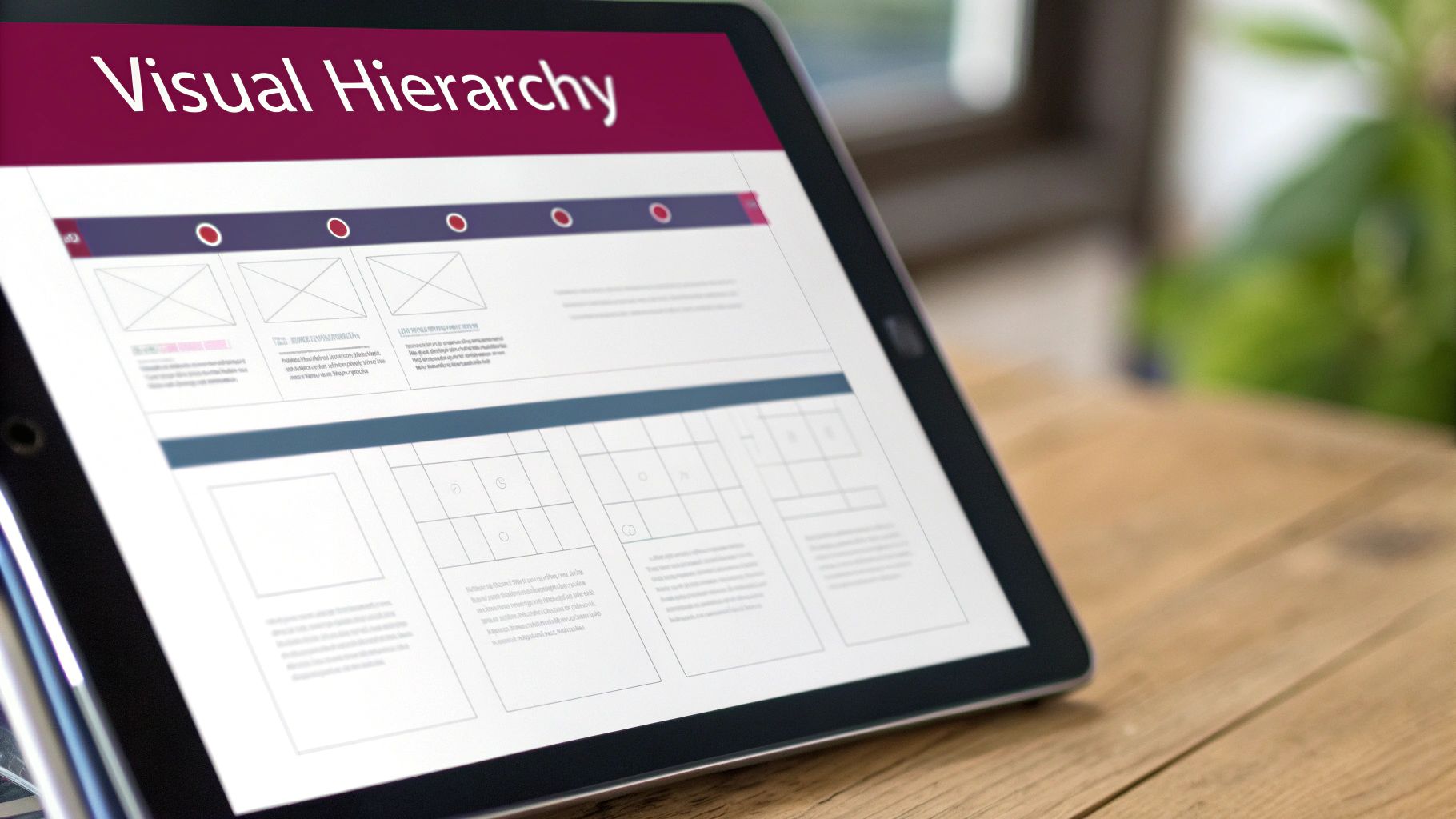 A tablet displays a user interface design with the title 'Visual Hierarchy' on a wooden desk.