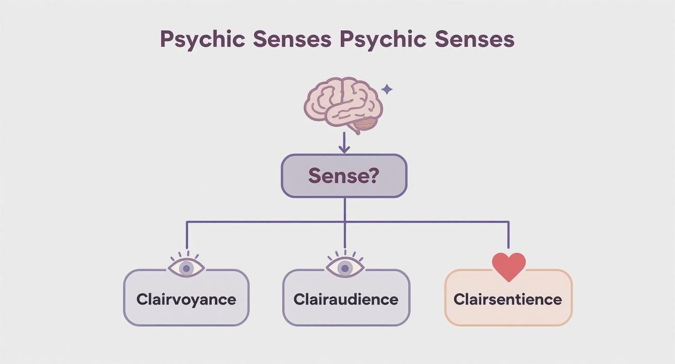 Infographic decision tree showing how the brain senses information, leading to clairvoyance (seeing), clairaudience (hearing), and clairsentience (feeling).