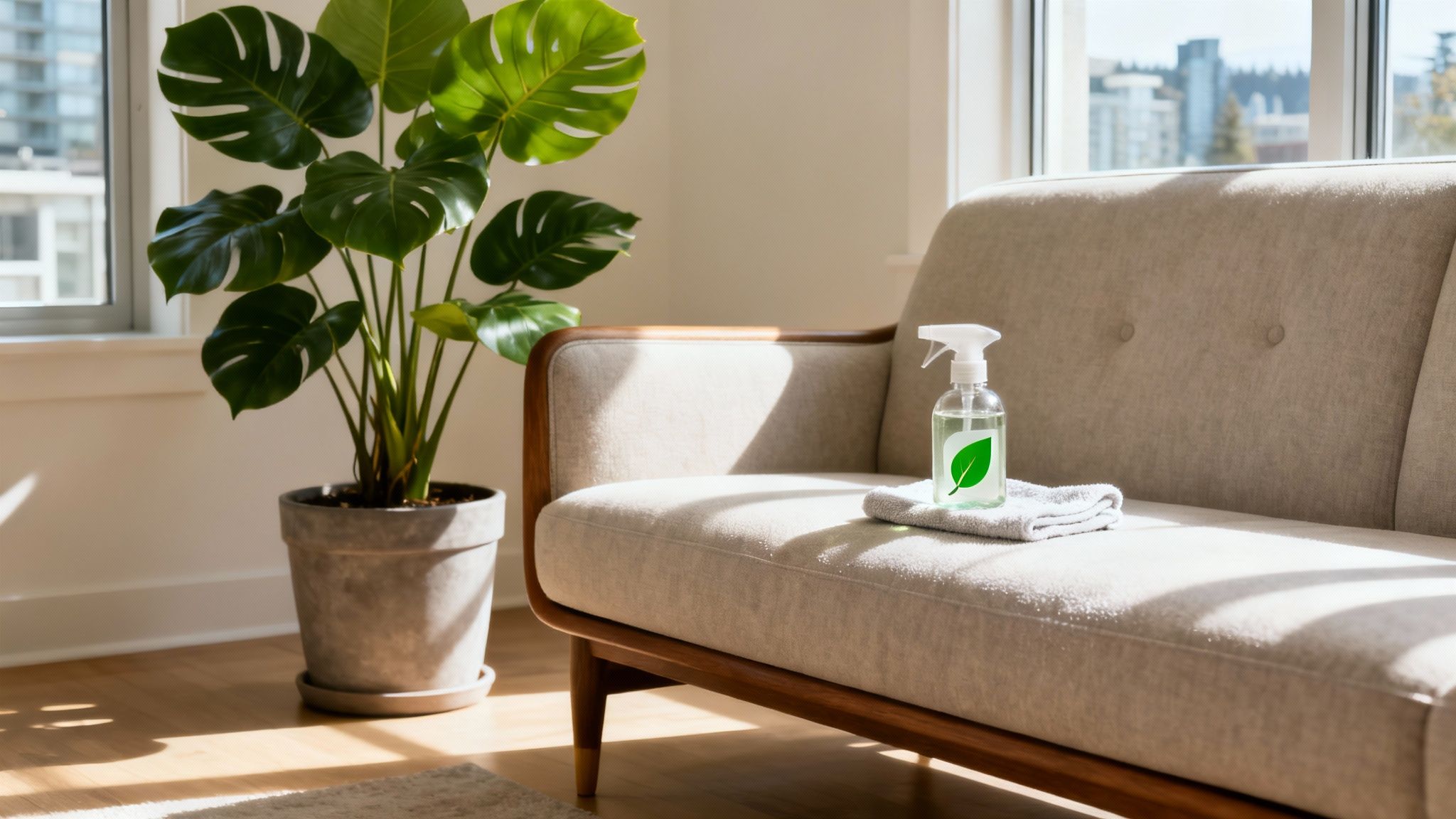 A person using an eco-friendly upholstery cleaner on a light-coloured sofa