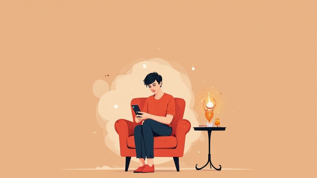 Illustration of a person relaxing in an armchair, looking at their smartphone, next to a glowing lamp.