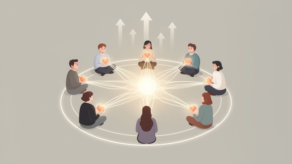 Eight people sit in a circle, connected by glowing light to a central orb, symbolizing shared energy and growth.