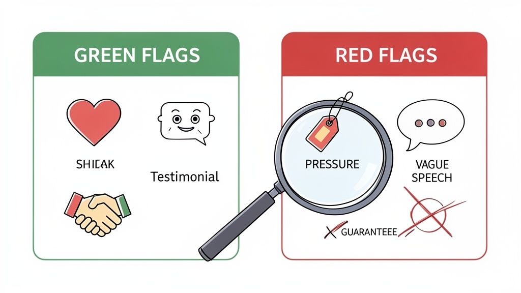 Illustration showing green flags like trust and testimonials, contrasting with red flags such as pressure and vague speech.