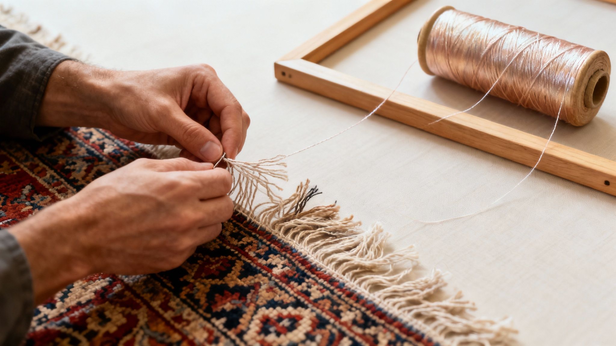 A specialist carefully repairing the intricate patterns on a Persian rug