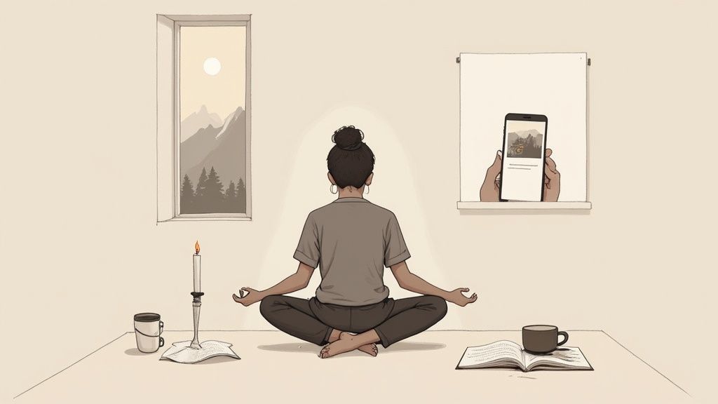 Woman meditating in a calm, sunlit room, preparing for a spiritual session.