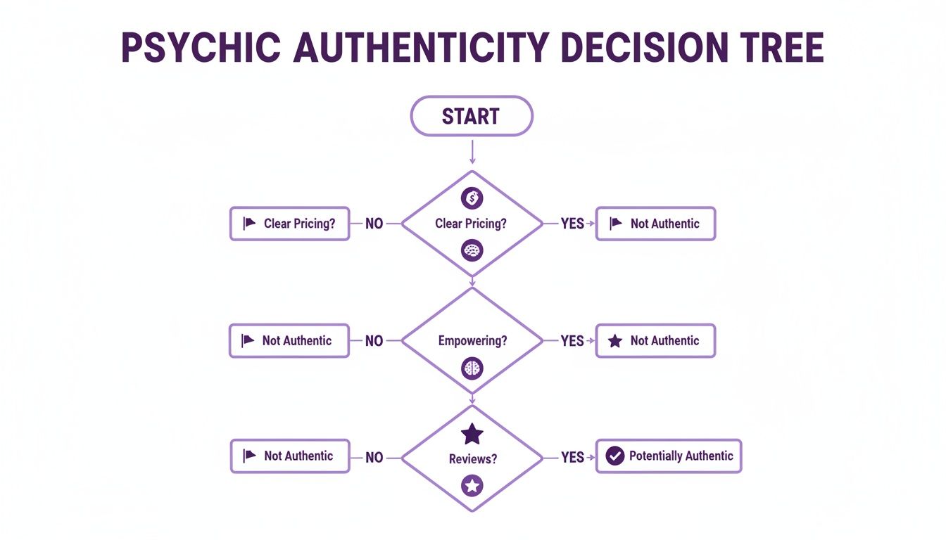 Flowchart illustrating a psychic authenticity decision tree with steps on clear pricing, empowerment, and reviews.