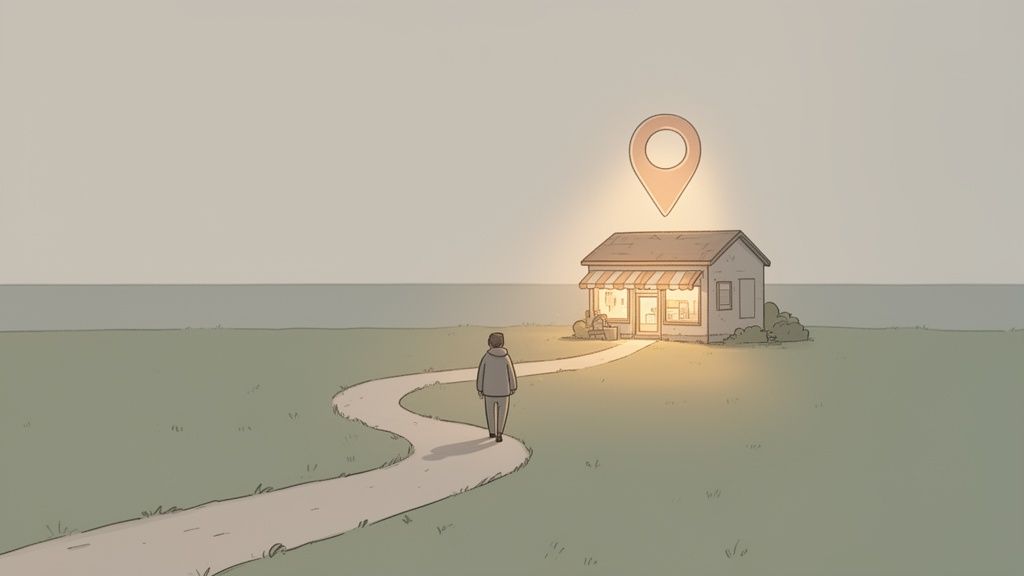 A person walking on a winding path towards an illuminated shop with a glowing location pin above it.