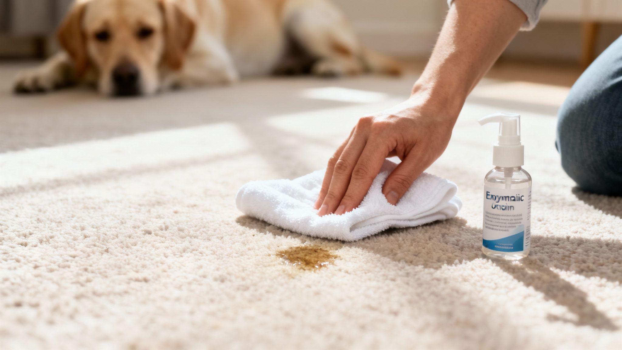 A person cleaning a pet stain on a beige carpet with a white towel and enzymatic cleaner, with a dog blurred in the background.