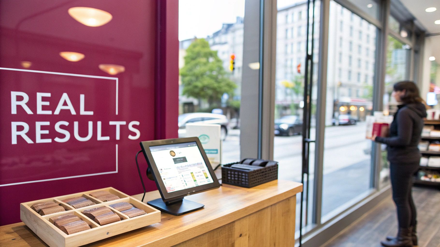Inside a business: 'REAL RESULTS' wall, a wooden counter with a tablet, and a woman by a city window.