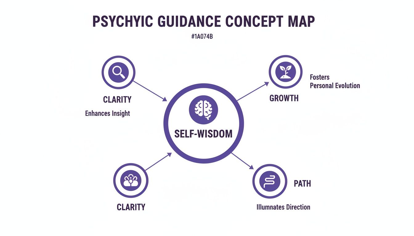 A psychic guidance concept map illustrating self-wisdom's relation to clarity, growth, and path.
