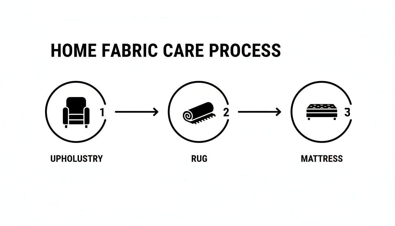 A diagram illustrating the home fabric care process for upholstery, rugs, and mattresses.