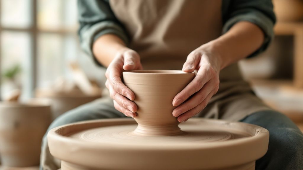 A colourful display of handcrafted pottery inside a Granville Island studio