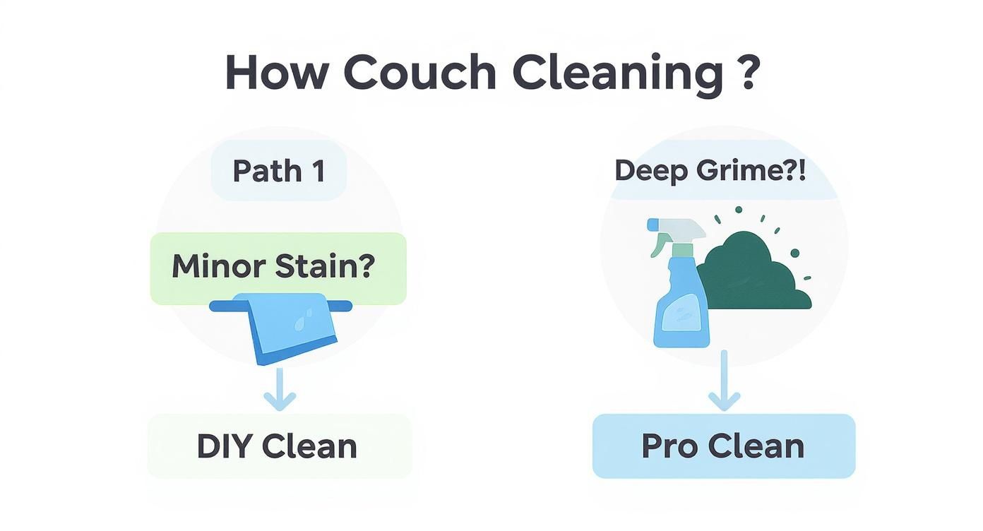 A diagram explaining couch cleaning options: DIY for minor stains, professional for deep grime.