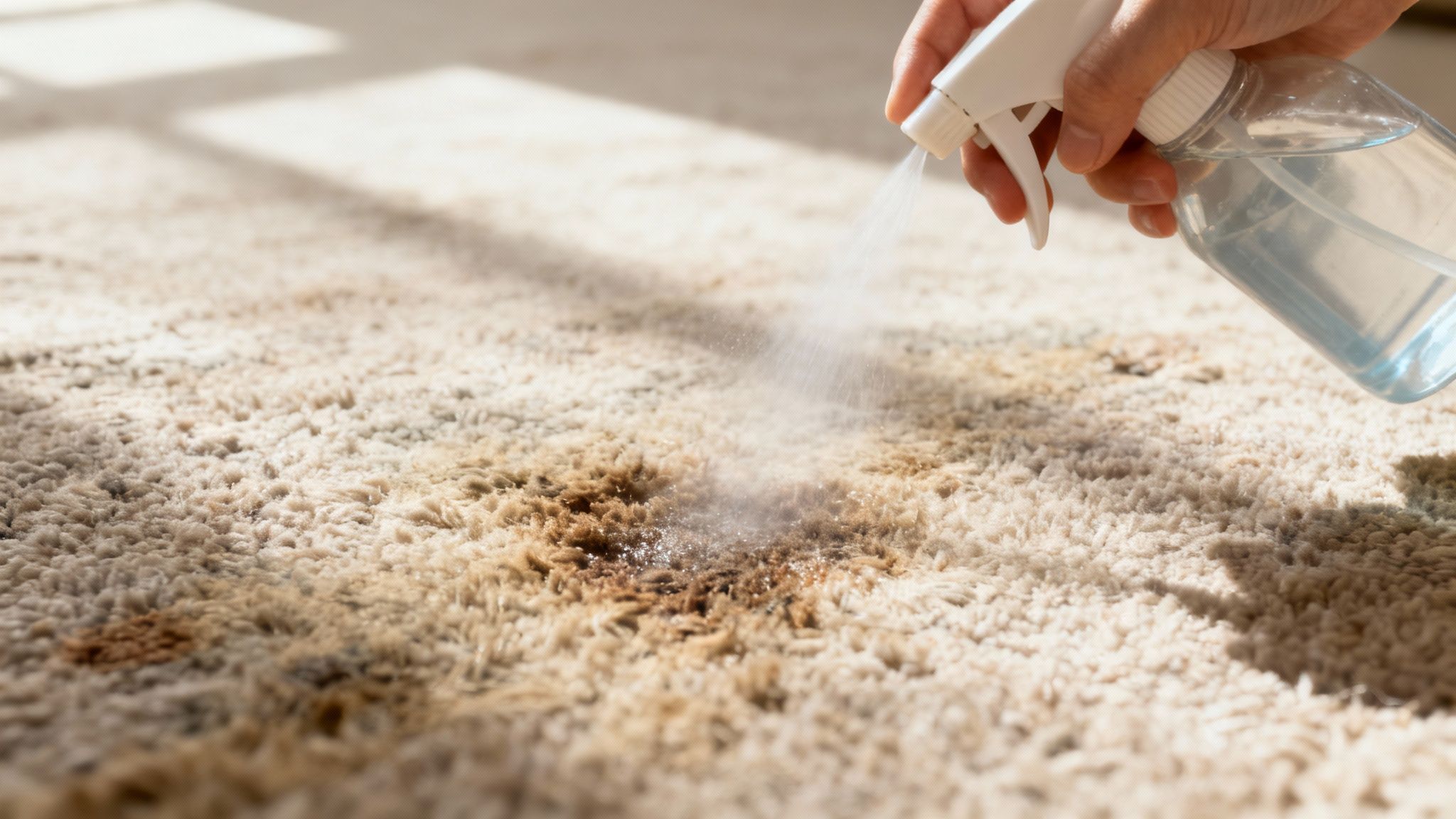 A person using a spray bottle to treat a stubborn, old stain on a light-coloured carpet.
