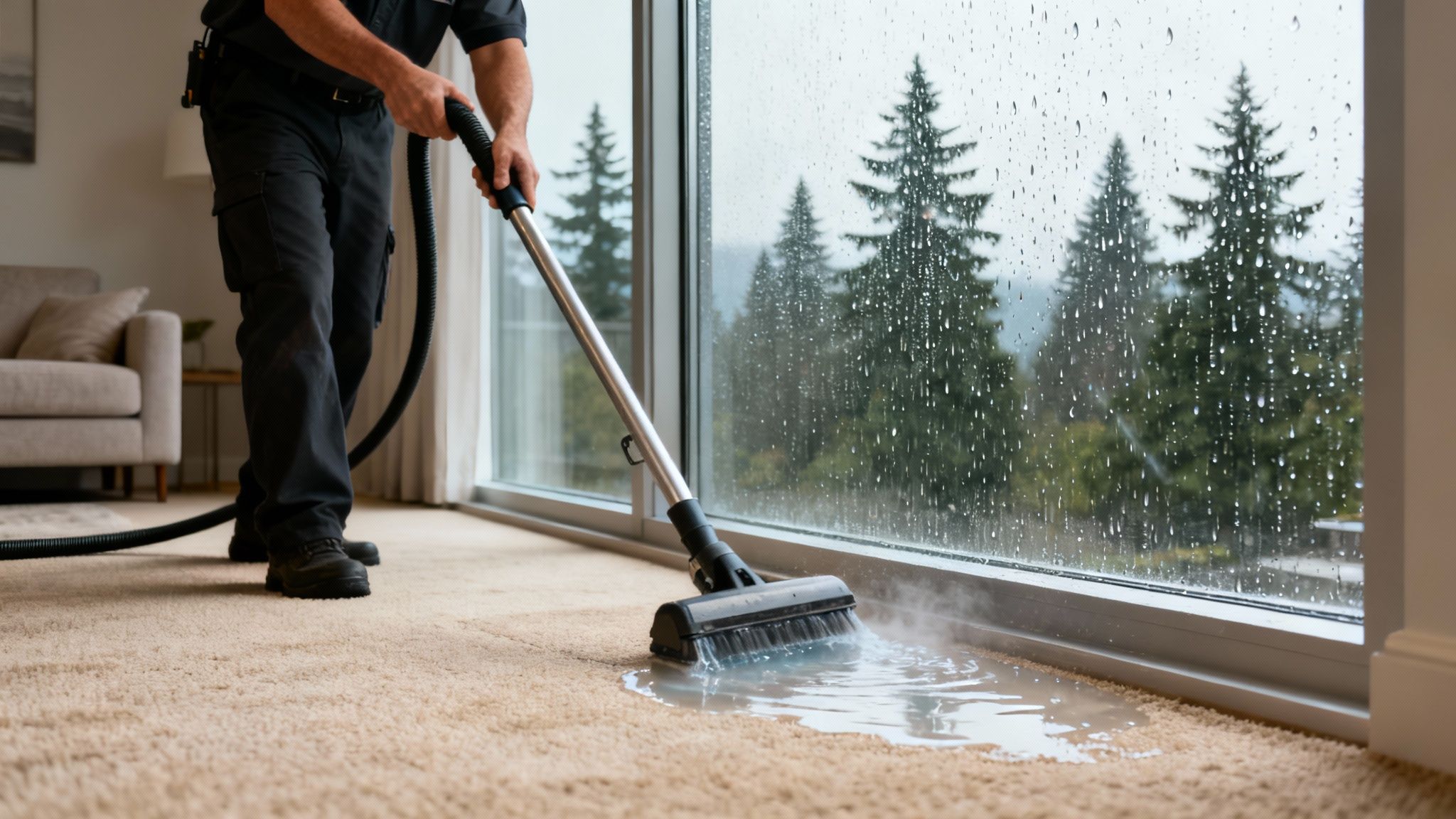 A professional cleaner using a machine to deep clean a light-coloured carpet in a well-lit living room.