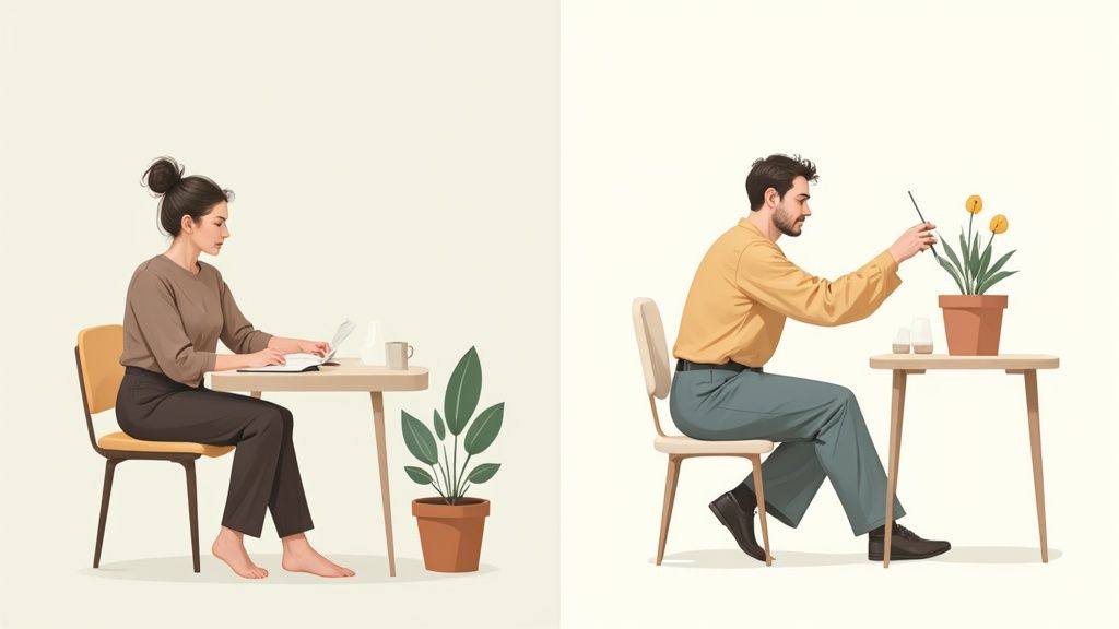 Split image of a woman working on a laptop and a man tending to a potted plant.