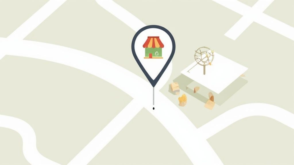 An overhead view of a simple map showing a location pin marking a shop, with an abstract structure nearby.