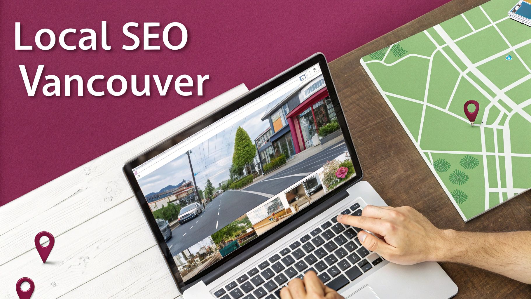Hands typing on a laptop displaying street views, next to a map with location pins, advertising Local SEO Vancouver.