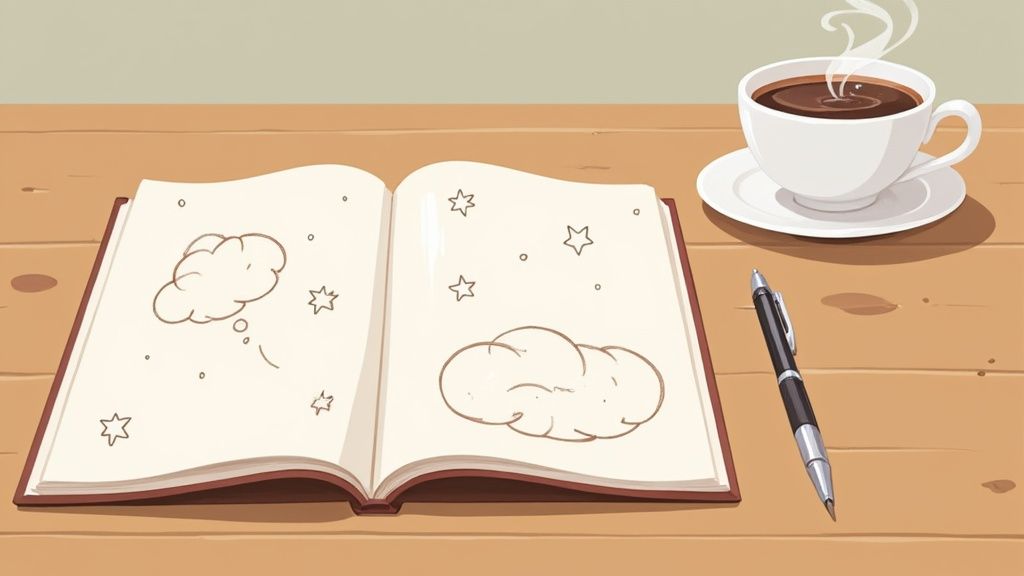 Woman writing in a journal next to a bed, bathed in soft morning light.
