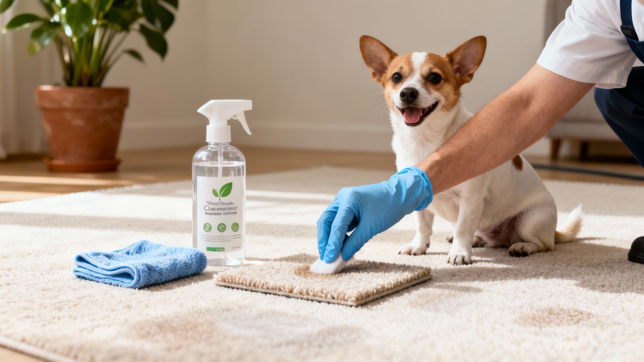 Person in blue gloves cleaning a pet stain on a carpet with a sponge, happy dog watches.