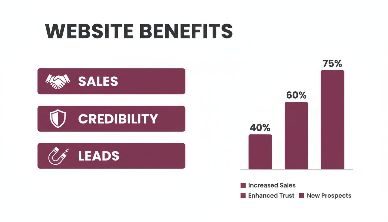 Infographic displaying website benefits: Sales, Credibility, Leads, and a bar chart showing 40%, 60%, 75% for sales, trust, and prospects.