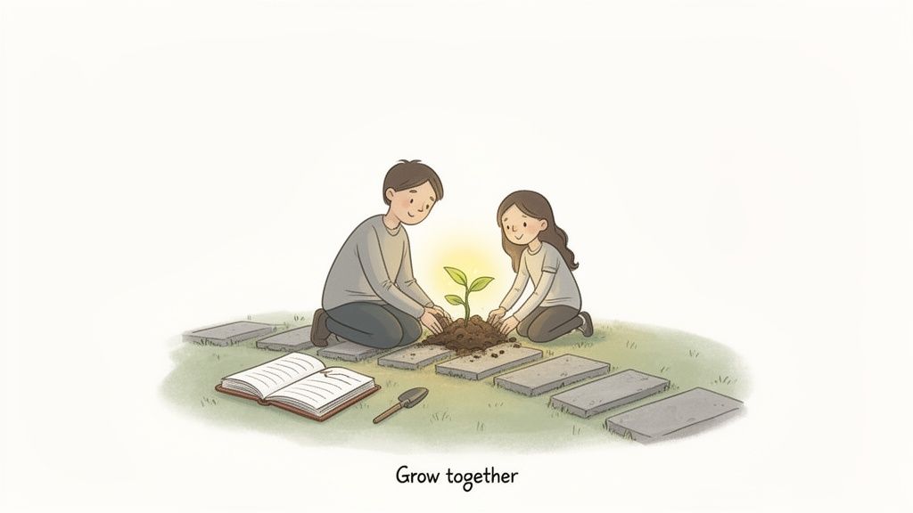 A happy couple kneels on grass, planting a glowing sprout on a path, symbolizing shared growth.