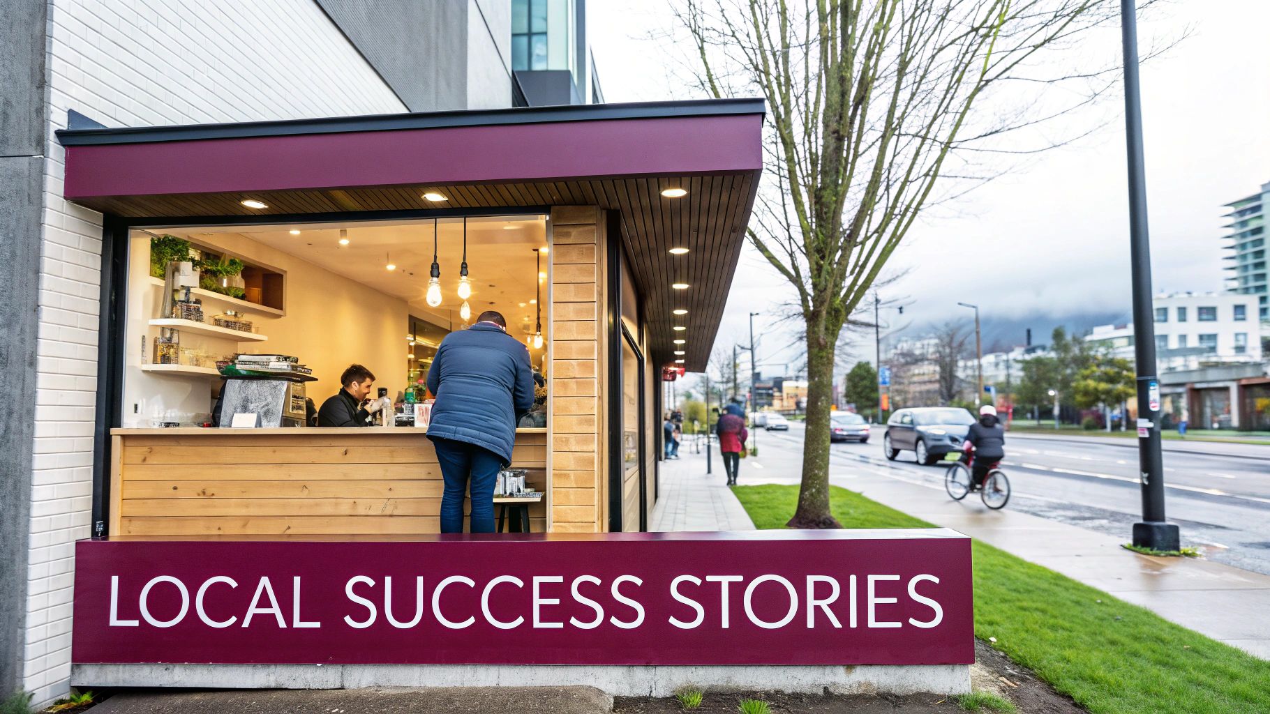 Outdoor coffee stand with a customer, barista, and 'LOCAL SUCCESS STORIES' sign on a vibrant urban street.