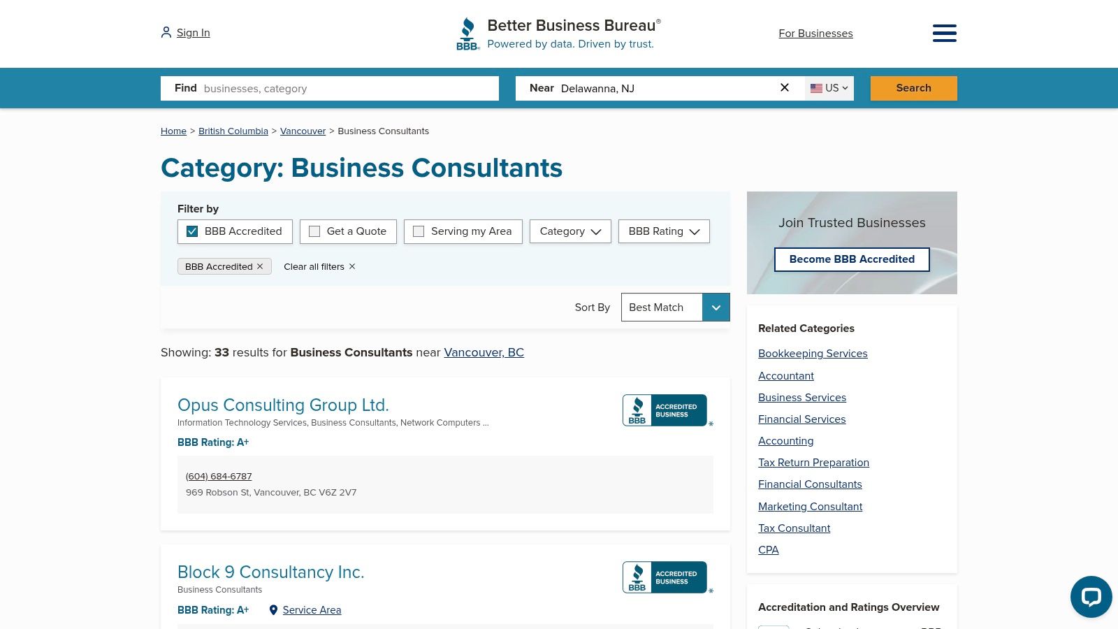 A screenshot of the Better Business Bureau (BBB) website showing a list of accredited business consultants in Vancouver, with their ratings and contact information.