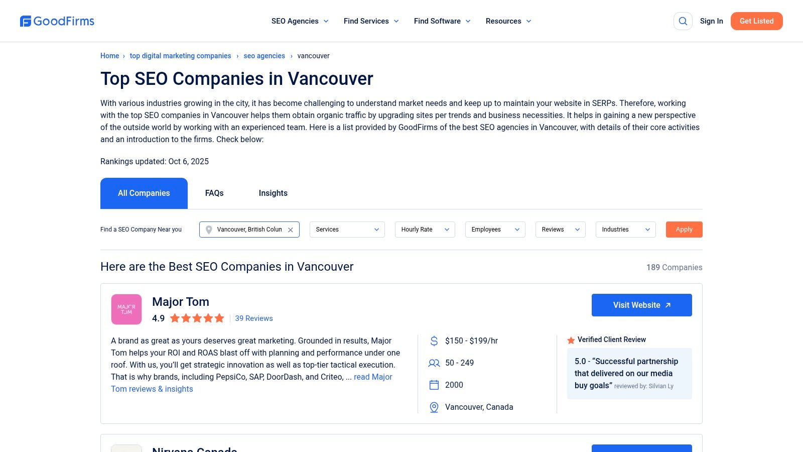 A screenshot of the GoodFirms website, showing a list of top SEO companies in Vancouver with ratings, hourly rates, and company details.