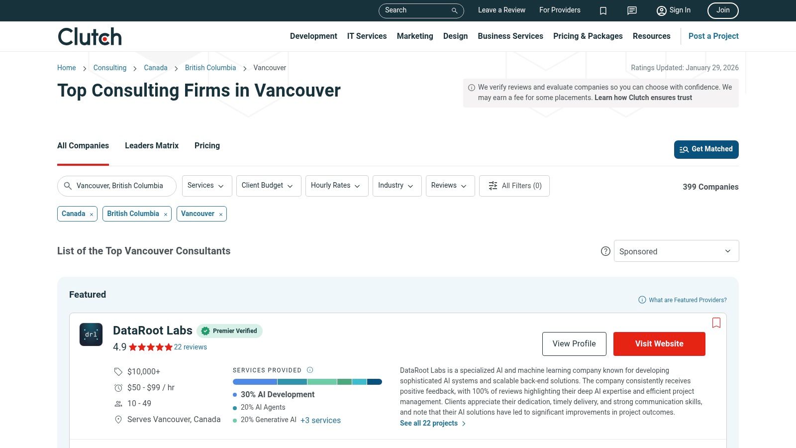 A screenshot showing the Clutch platform's list of business consulting firms in Vancouver, with filters for services, client budget, and industry focus.