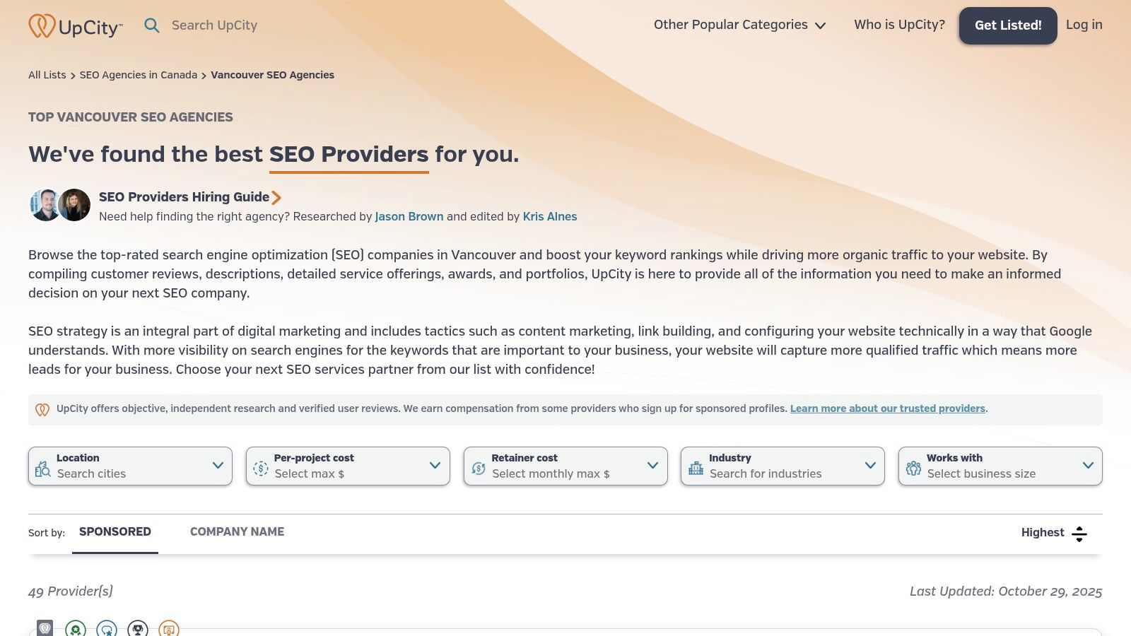 A screenshot of the UpCity.com website, displaying a list of top SEO agencies in Vancouver with their review scores, service focuses, and project minimums.