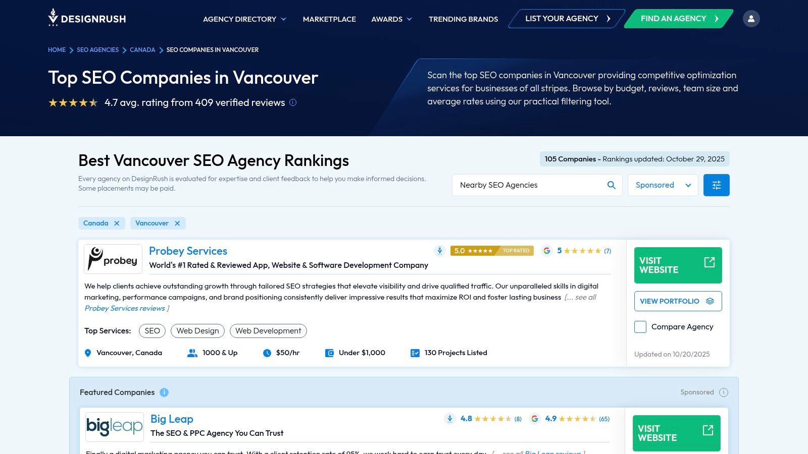 A screenshot of the DesignRush website, showcasing a list of SEO agencies in Vancouver with their pricing, team size, and review summaries.